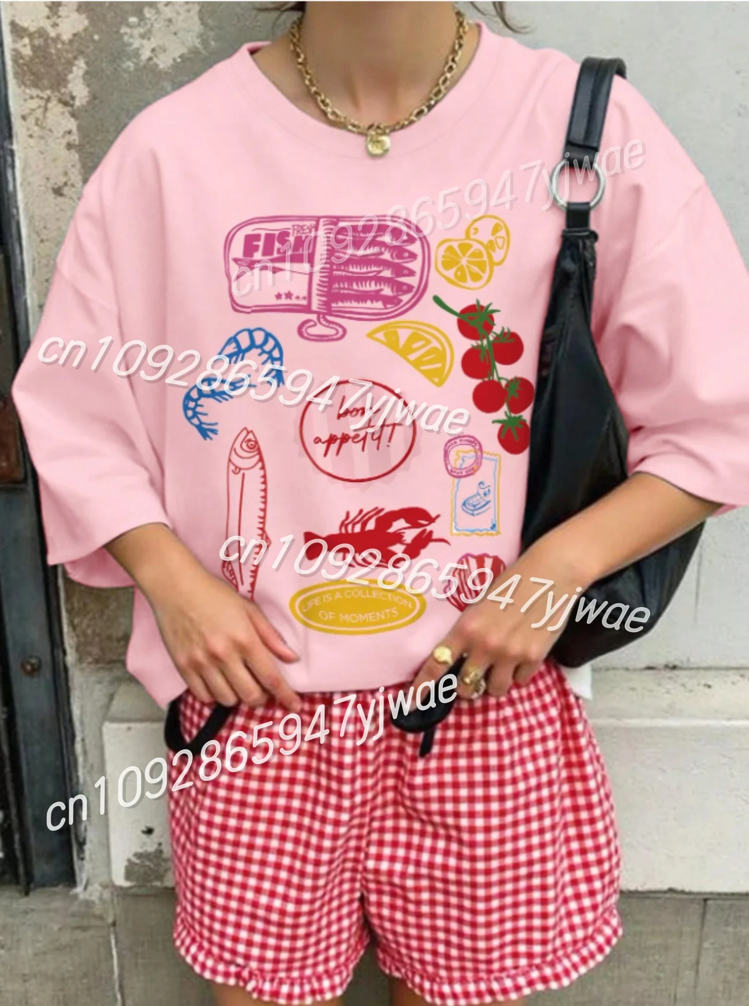 새로운 여성 정어리 랍스터 프린트 오 넥 반팔 티셔츠 여름 티 데일리 웃긴 오버 사이즈 스포츠 캐주얼 패션 티셔츠