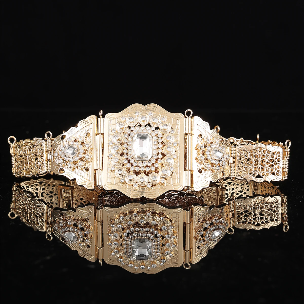 

Luxury Moroccan style children's and women's waist chain hollow design rectangular rhinestone Mosaic delicate narrow belt