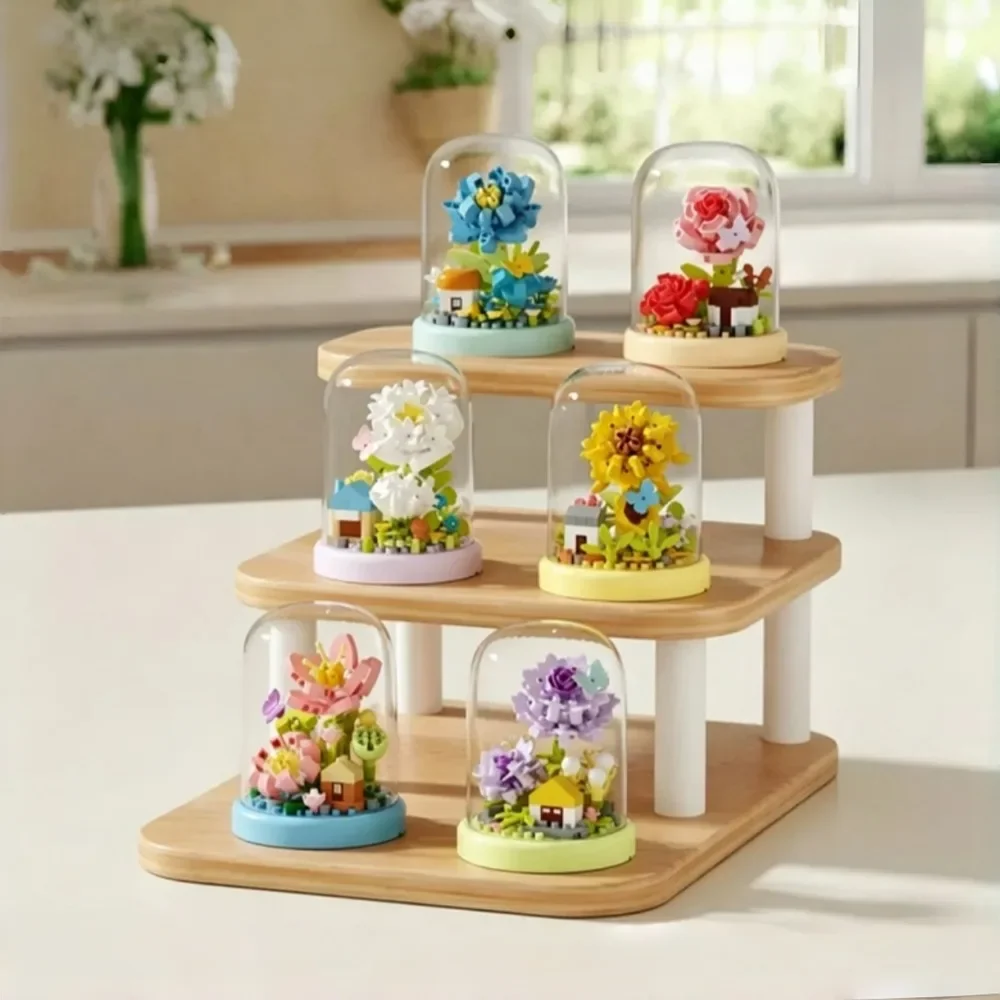 New Preserved Floral Bouquet Building Blocks Potted Rose Model Assembly Desktop Tabletop Ornament Home Decor Collectible Gift