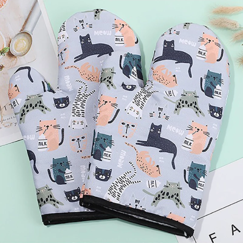 

A Pair Heat Insulation Gloves Oven Microwave Baking Glove Thick Anti-scald Non-slip Steamer Mitts Cat Pattern Kitchen Tools
