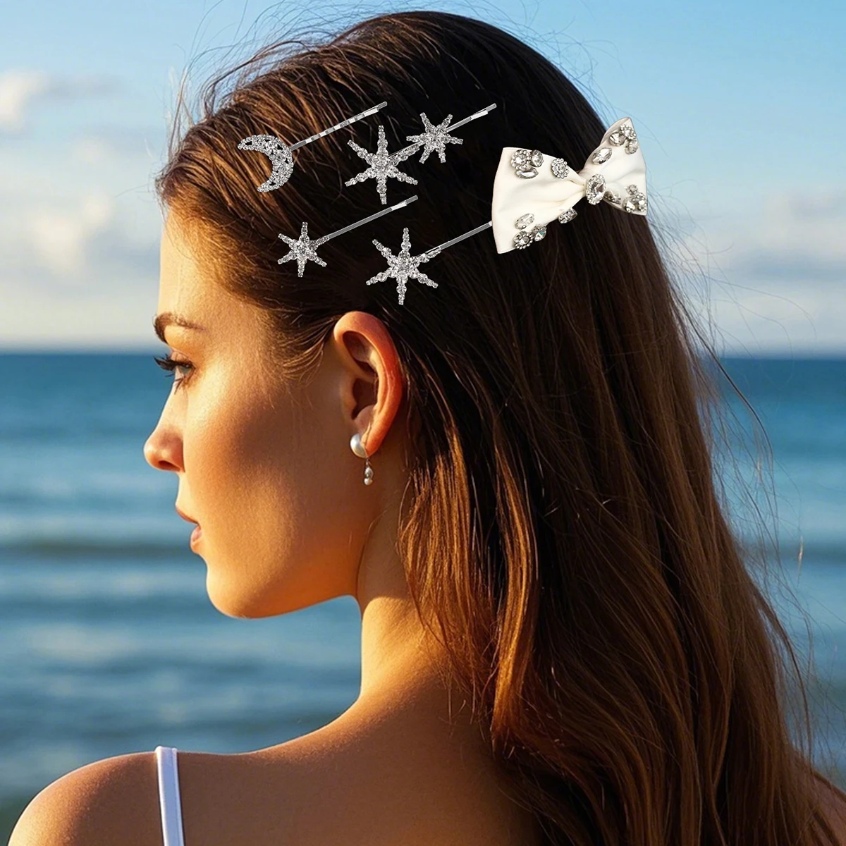 Sliver Fashion Star Ribbon Rhinestone Hair Clip Set Daily Hairpin Headpieces for Girls Holiday Party Hair Accessories Jewelry