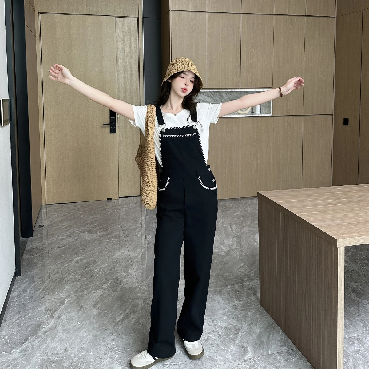 

Джинсовые комбинезоны в стиле ретро, осенний дизайн, маленькие повседневные прямые брюки с широкими штанинами, комплект с высокой талией, длинные хлопковые ex