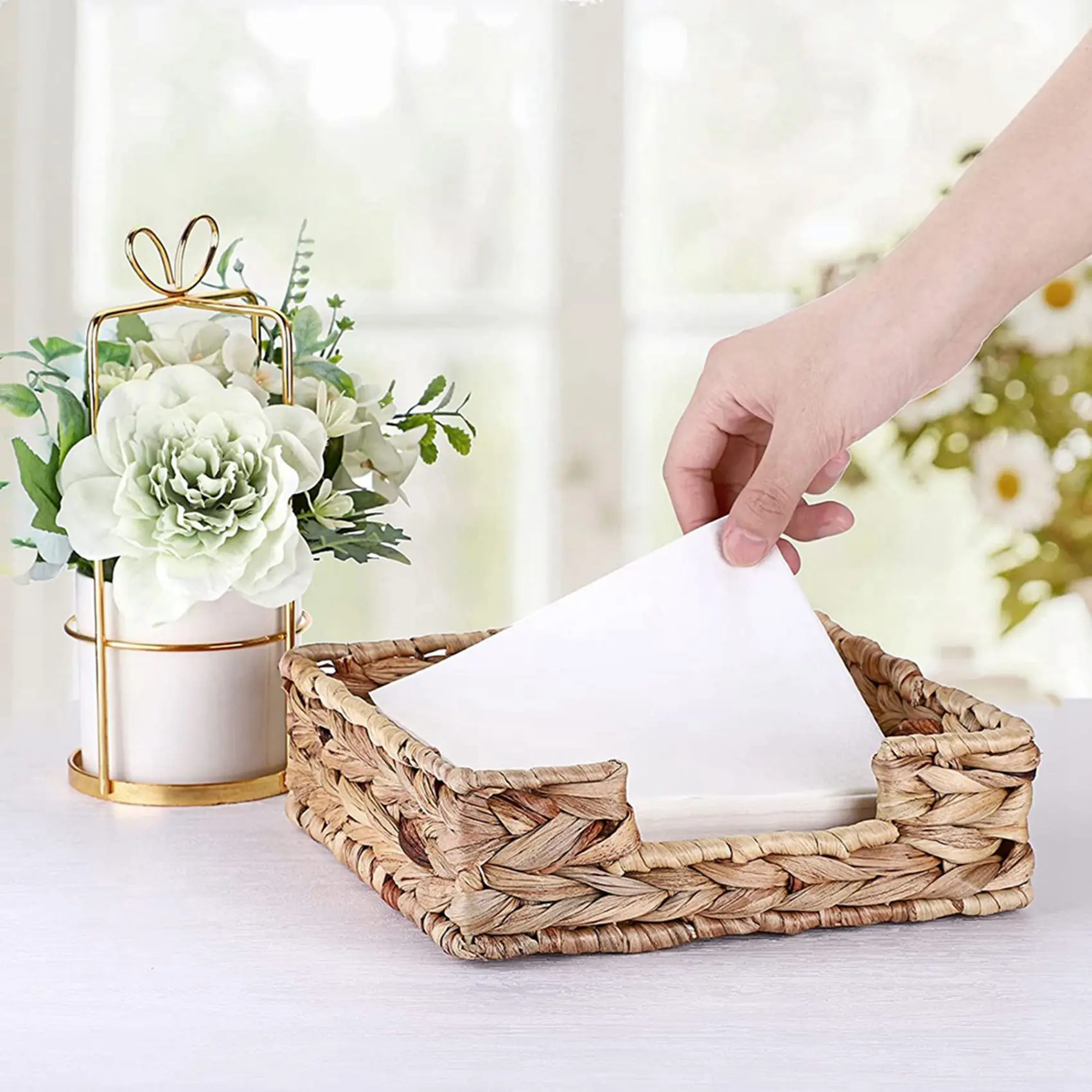 

AT05-6PCS Bathroom Disposable Guest Towel Holder Long Seagrass Woven Rattan Wicker Table Hand Guest Towel Basket Tray,L