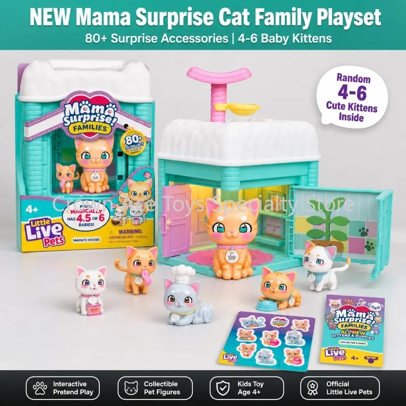 Image of Original Little Live Pets Mama Surprise Familien-Hausförmige Überraschungsbox mit Hauskatze, Mops, Schäferhund und Ragdoll-Katzenfigur