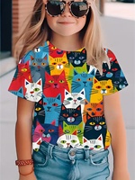 Colorful Cat Girl's T-Shirt Cute Patterns Summer Short Sleeves 3D Print Girl's Top Fashion Casual Streetwear Children's Clothing