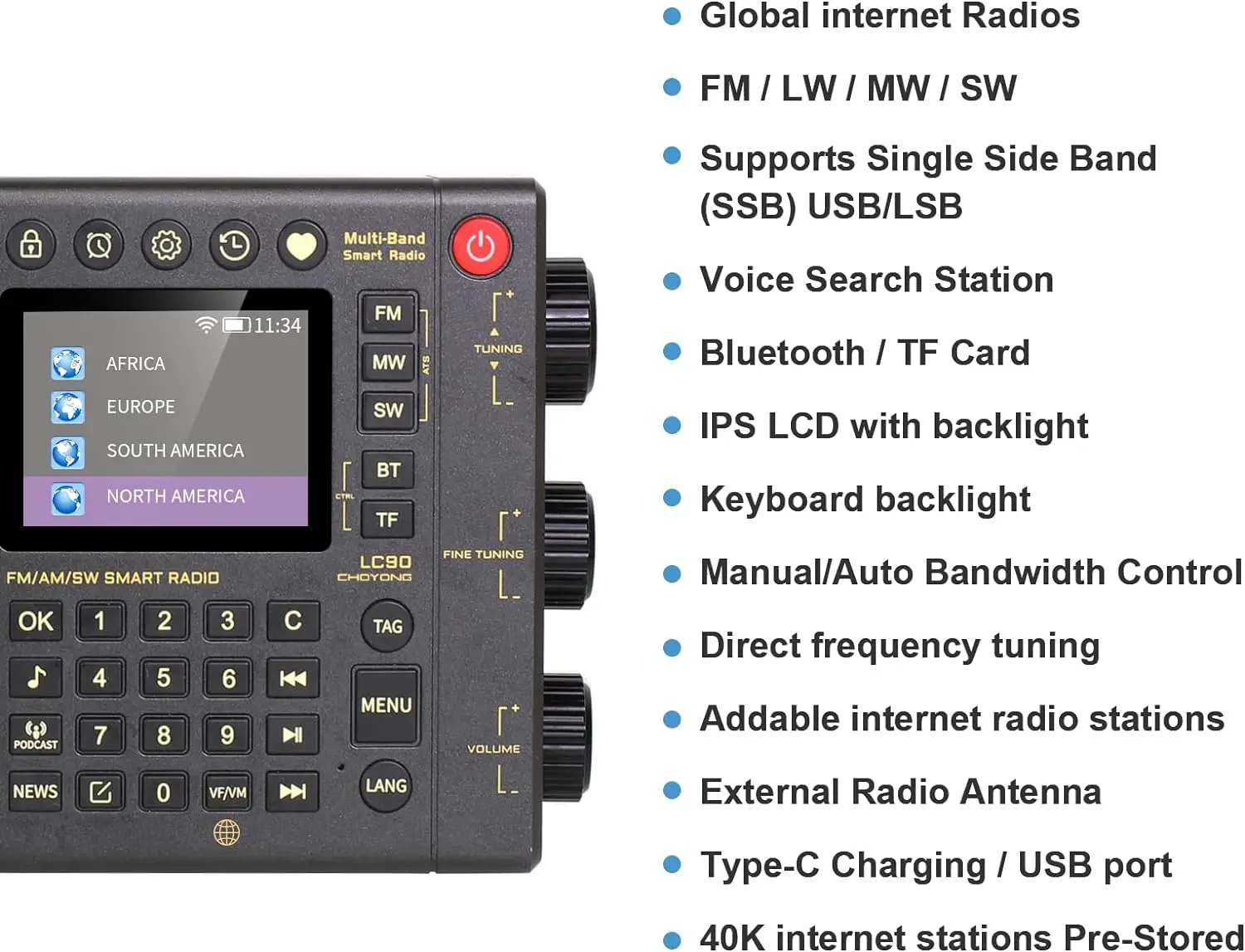 Choyong Lc90 Wifi/4g Multi-band internetradio Draagbare Am/fm, lange golf en kortegolf radio-ontvanger met Ssb