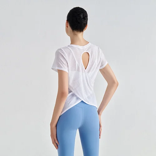 Imagen 2 del producto TRY TO BN Camisetas de gimnasio para mujer, camiseta deportiva de manga corta de nailon con espalda hueca, transpirable, ropa de entrenamiento para correr y Yoga