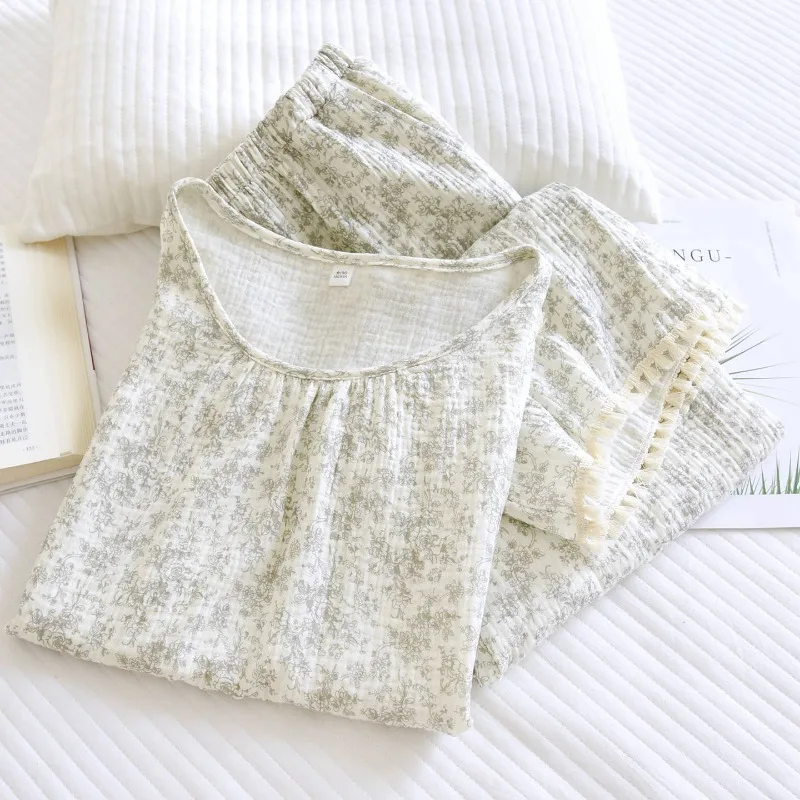 Women's Summer 100% Cotton Crepe Ditsy Floral Print Pullover Flutter Sleeve Top & Long Pants Tassel Trim Sleepwear Set.