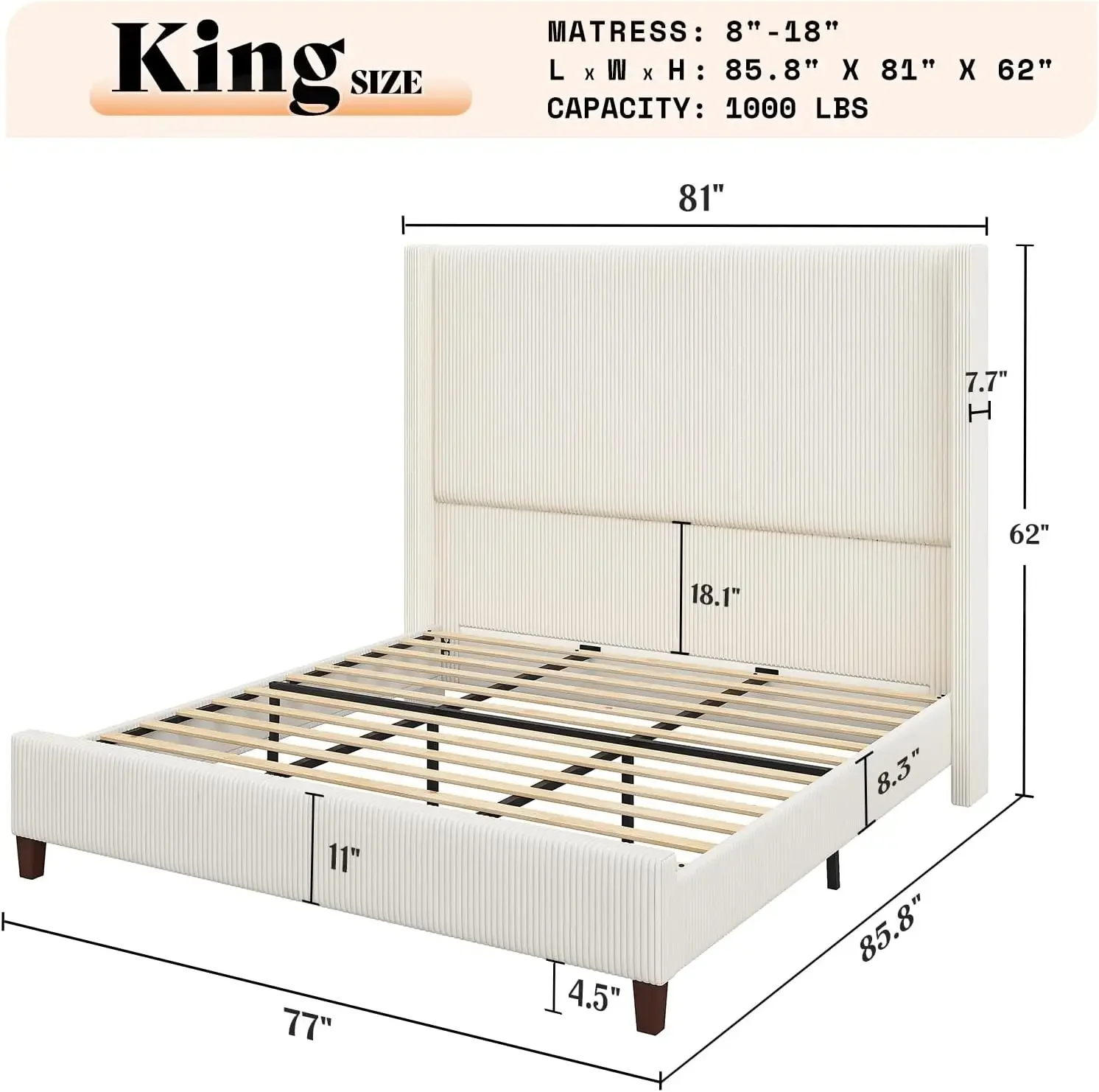 Queen Size 62" Corduroy Upholstered Bed Frame, Luxurious Platform Bed with Extra Tall Wingback Headboard and Vertical Stripe image 3