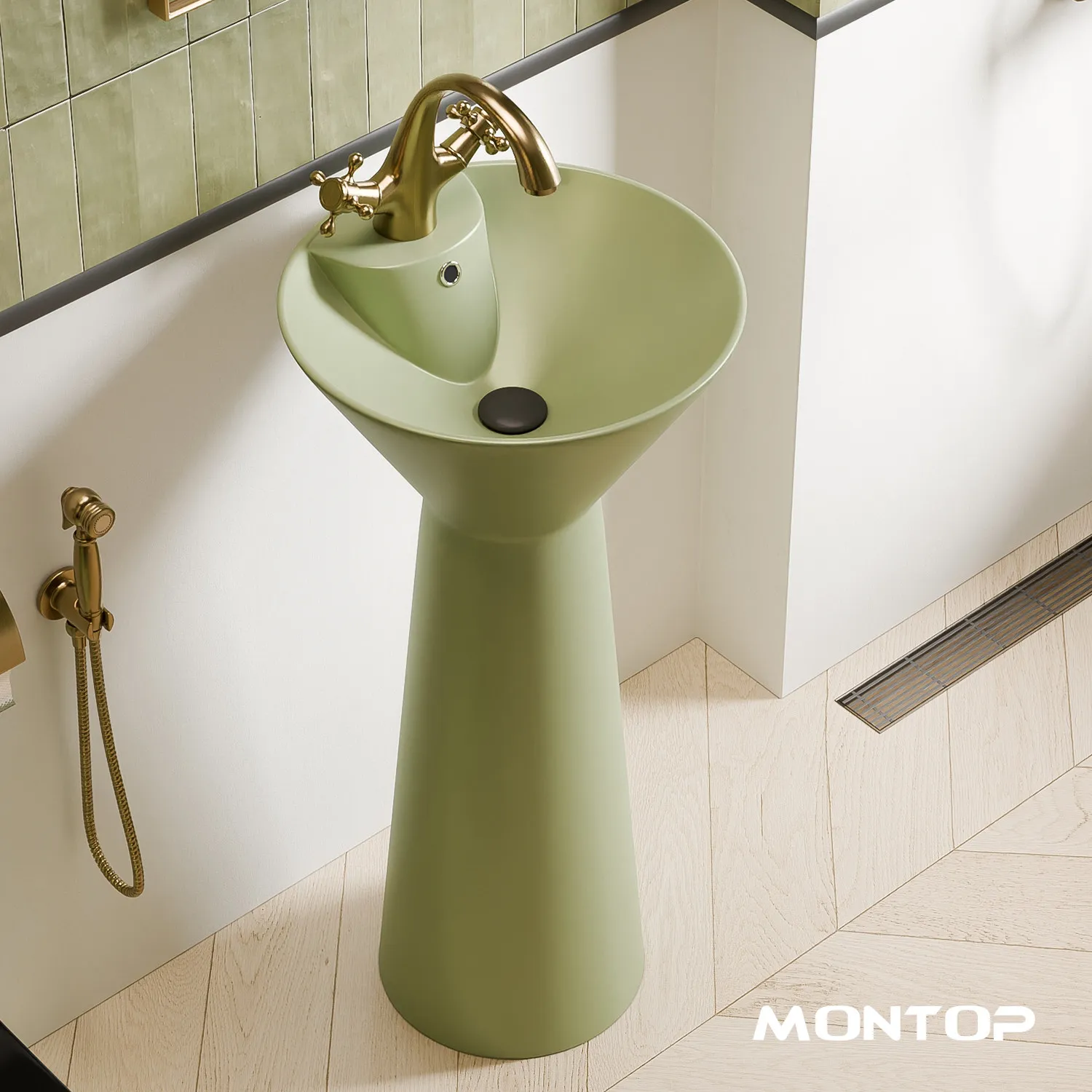 LMM European retro green integrated floor ceramic column basin bathroom wash basin