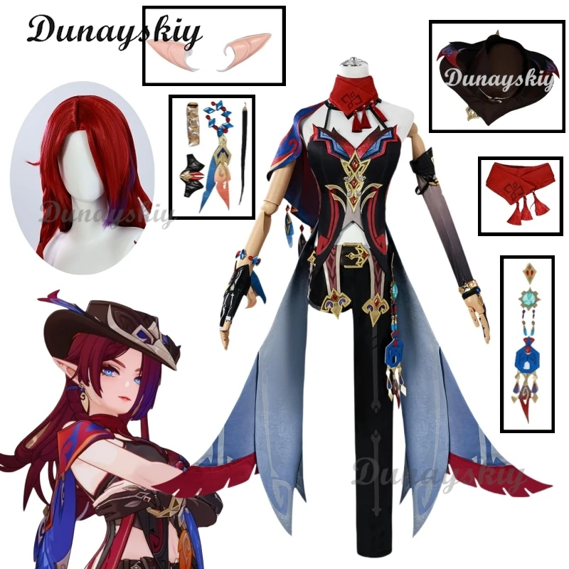 Genshin Impact Cosplay Costume pour femme, jeu d'anime, Chasca, perruque, chapeau, combinaison sexy, Halloween, Noël, tenues de fête de carnaval