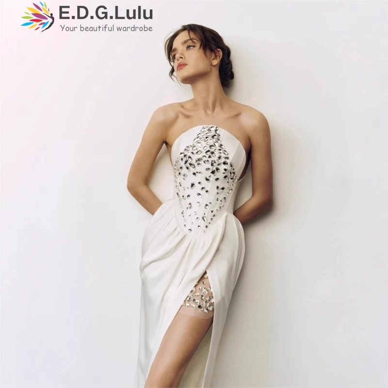 

EDGLuLu Exquisite Rhinestone Splicing Strapless Bandage Dress For Elegant Birthday Evening Gown High Slit Asymmetrical Dress0410