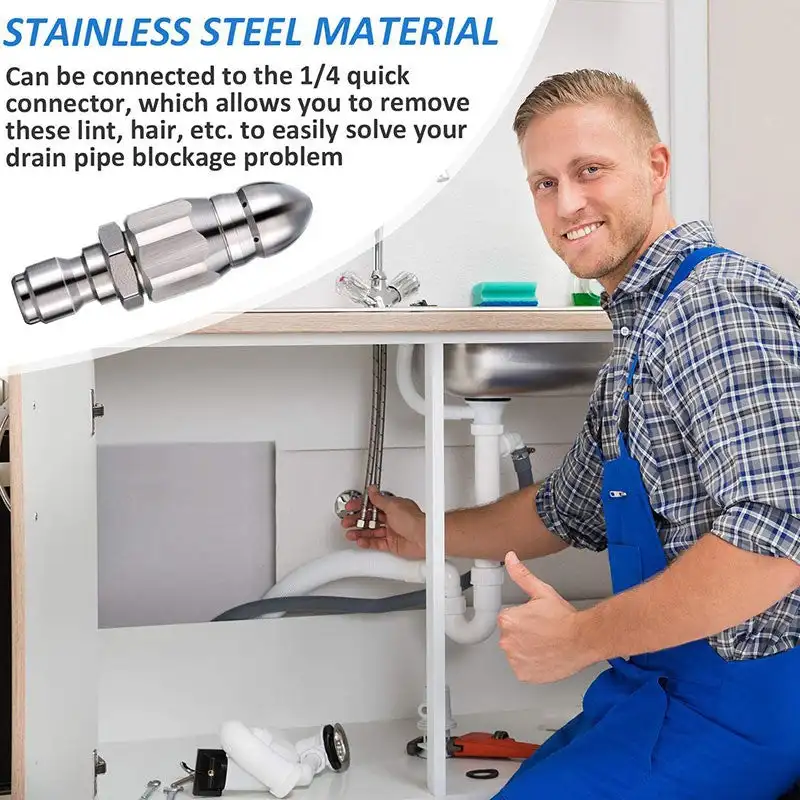 

Powerful Pipe Cleaning and Unclogging Nozzle 1/4" Stainless Steel High Pressure Washer Quick Plug Drain Hose Nozzle Tool