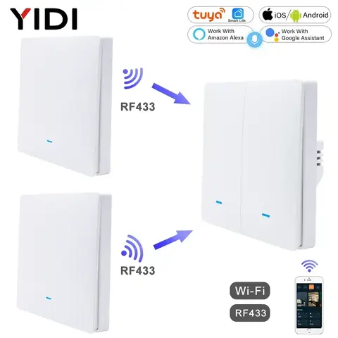 Tuya 스마트 라이프 WiFi 433mhz 무선 푸시 버튼 벽 스위치 Google 홈 조명 켜기 끄기 220V RF433 원격 제어 EU UK 2 3 웨이