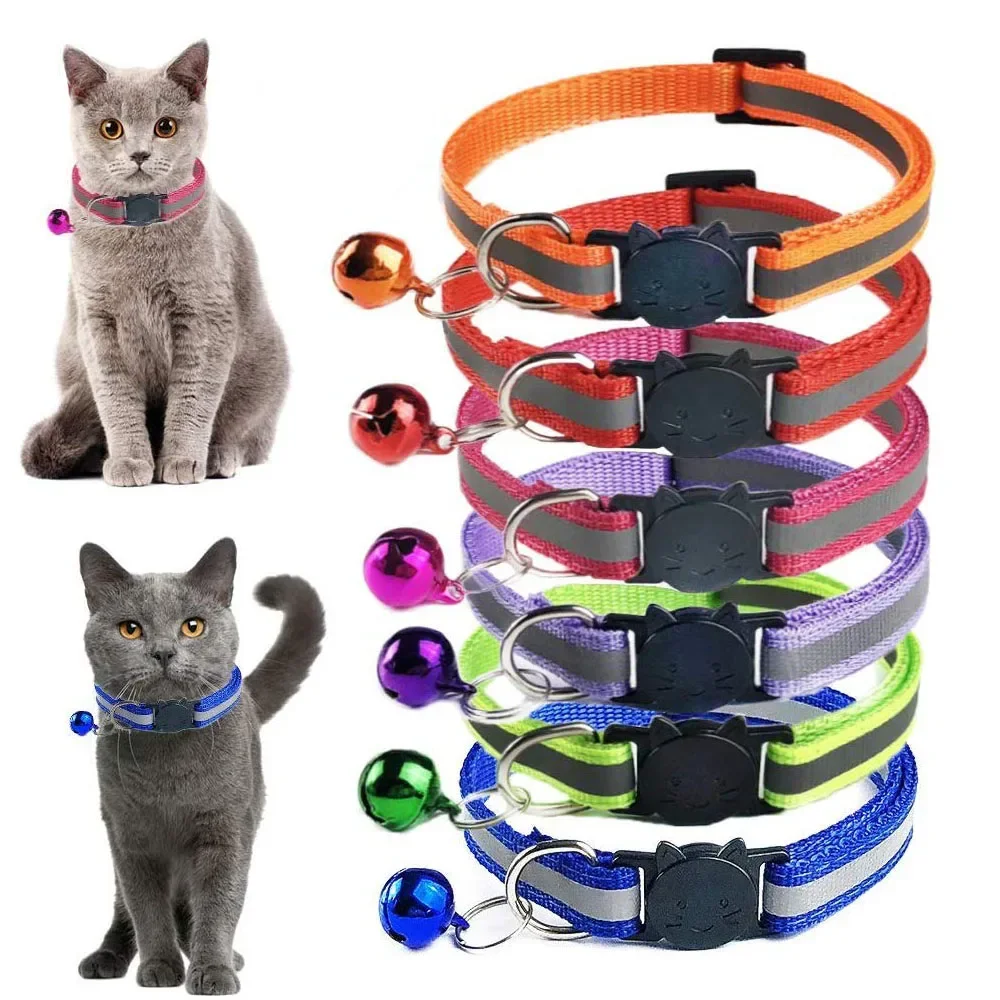 12 Colors Reflective Nylon Safety Breakaway Cat Collar Pet Puppy Small Dog Kitten Cat Collar Colorful Bell Pet recovery fruit