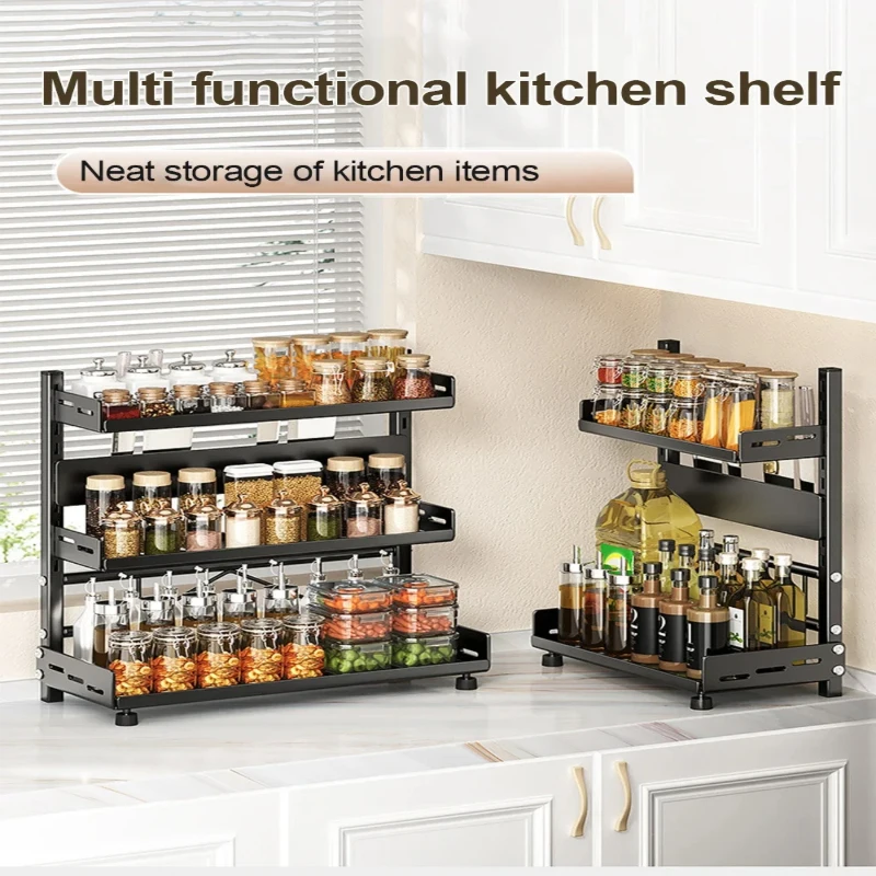 Estante de Especias Metálico Ajustable de 3 Niveles, Negro, Ahorra Espacio, Organizador para Encimera de Cocina, Armario o Despensa