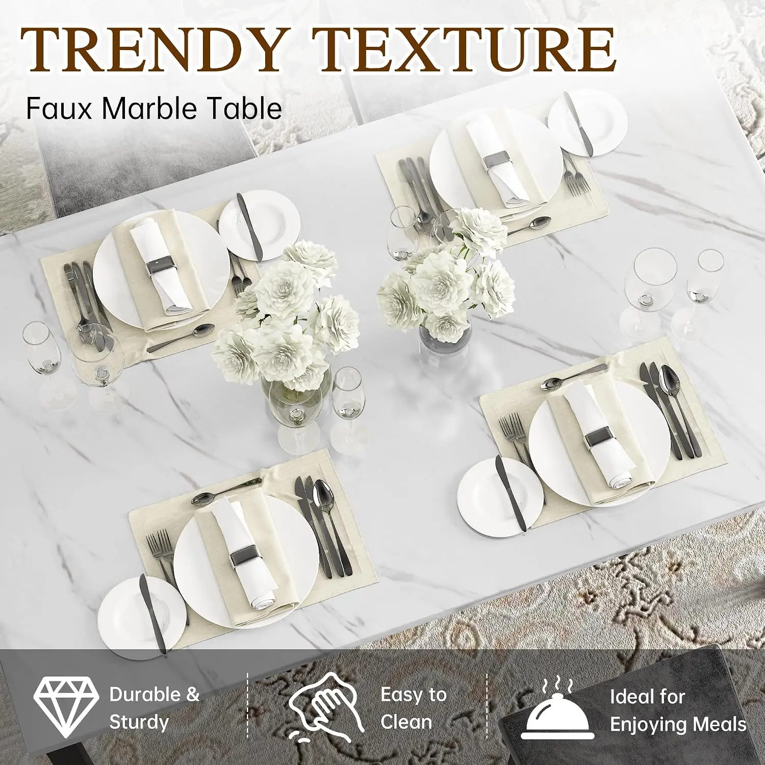 Dining Table Set for 4, Faux Marble Small Kitchen Table Chairs Set of 4 with Luxurious Button Tufted Dinner Chairs for, Custom image 5