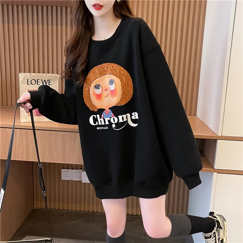 Plus Size Hoodie Retro Printed Pullover Women Loose Slim Added Fleece Sweatshirt Autumn Winter Casual Versatile Long Sleeved Top