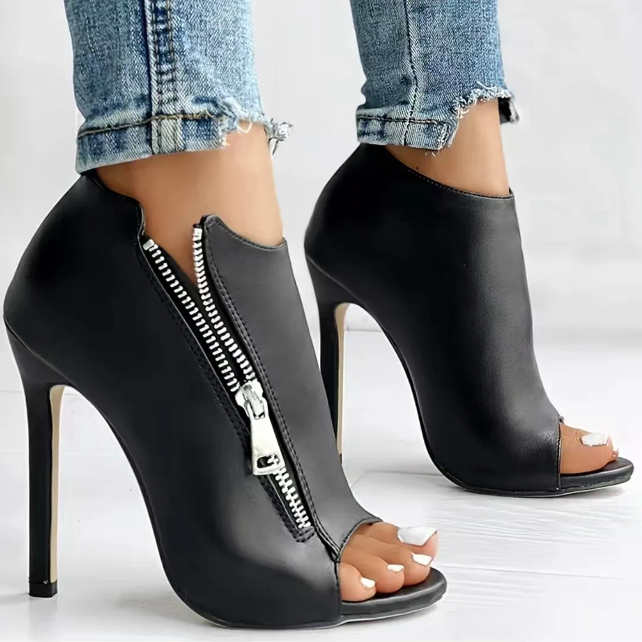 Peep Toe Stilettklack Kängor med Dragkedja - alternate angle