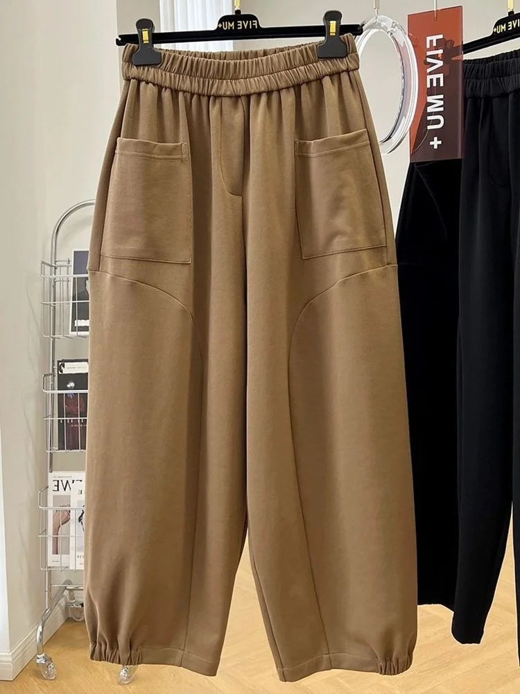 

plus Size Women's Loose Wide Leg Casual Pants Elastic Waist Autumn Faion Nine Point Cabbage Pants andma Pants Trendy 2