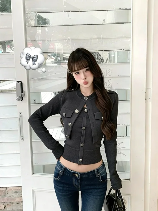 

Korean Sle ort Open Cardigan Tube Top Knitted Set Spring Autumn Slimming Sweater Top Two Piece Set High Waist Pure Color