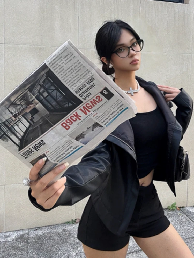 معطف نسائي كاجوال من American Retro Biker Jaet مصنوع من جلد البولي يوريثان، معطف نسائي بياقة واقفة، قميص أنيق لشخصيات صغيرة