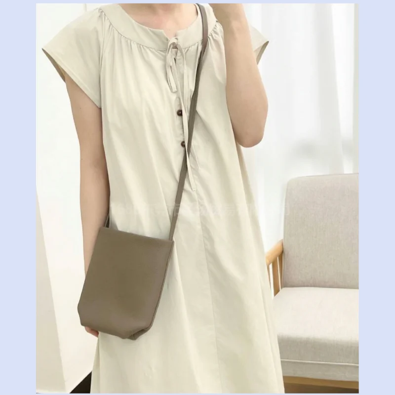 Minimalist style messenger bucket phone bag, full leather, versatile, mini, high-end single shoulder bag