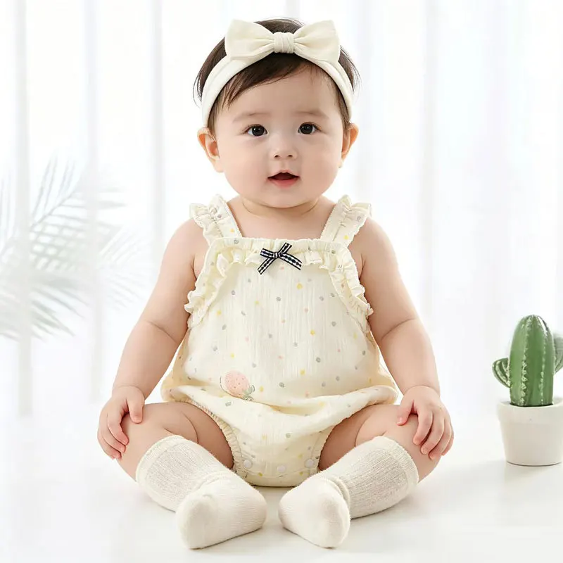 2026 New Summer Baby Bodysuits Breathable Cotton Sleeveless Ruffle One Piece Cute Polka Dot Print Clothes For Baby Girl