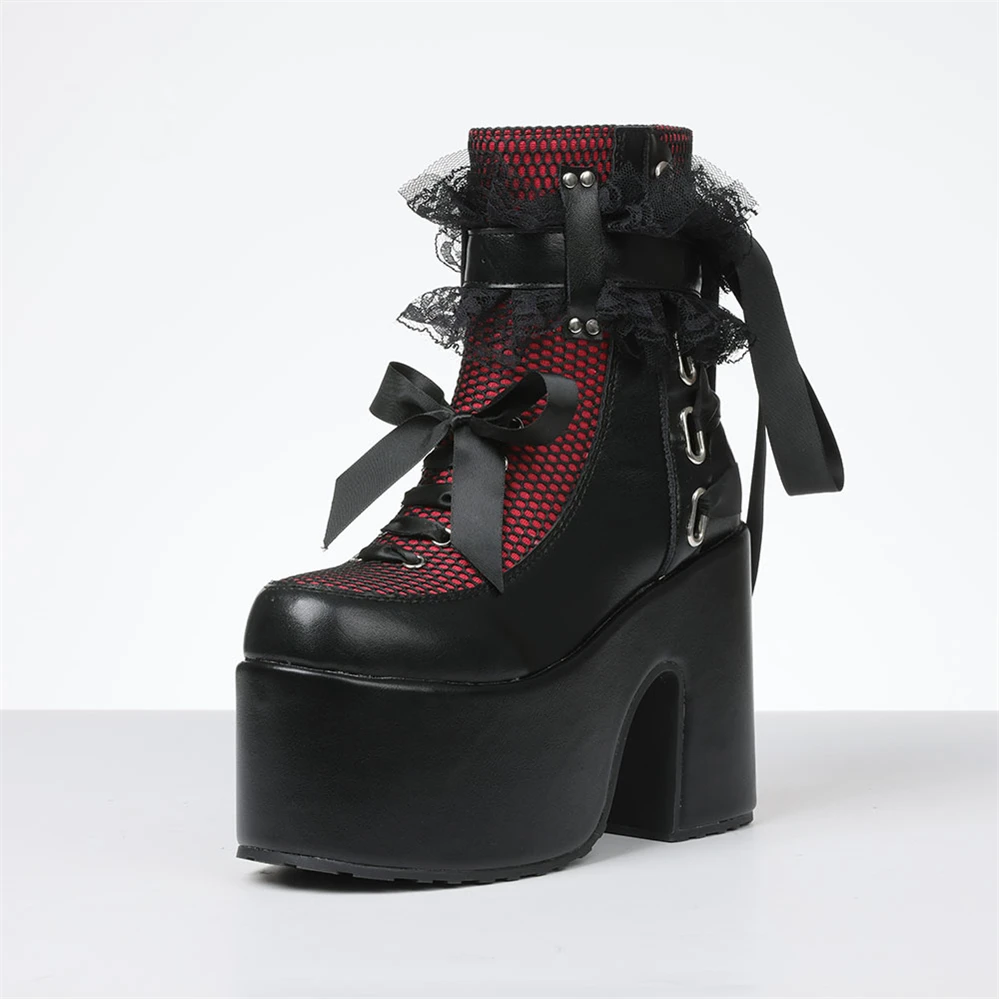Y2k Готические короткие ботинки женские на платформе на массивном высоком каблуке с бантом и кружевным декором Модные женские ботильоны в стиле панк Осенняя обувь на Хэллоуин W