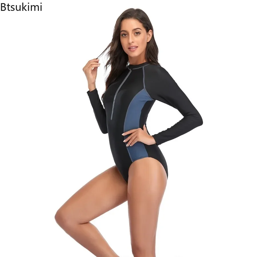 2024Women's Summer Long Sleeve Surfing Sport Swimsuit Sexy One Piece Swimwear Color Block Monokini Bathing Suits Female Bodysuit