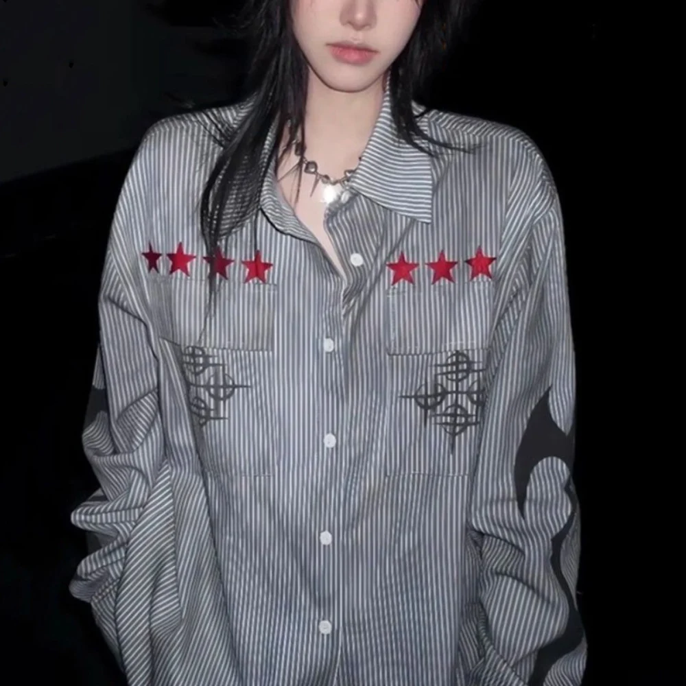

Американская персонализированная уличная рубашка в полоску, свободные новые модные блузки со вставками, повседневные Fairycore Harajuku Y2k, готические блузки