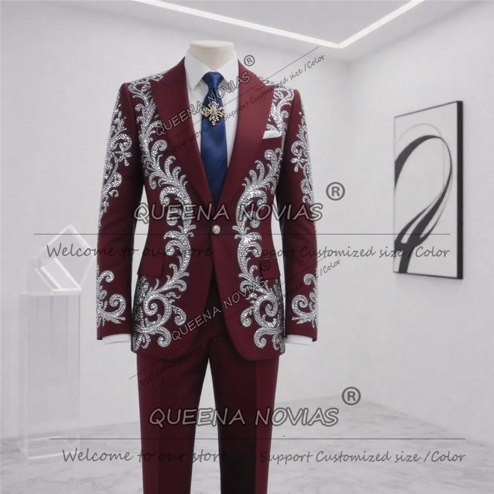 الشظية بلورات مطرز بدل زفاف للرجال 2 قطعة مجموعات واحدة الصدر سترة السراويل مخصصة العريس الحلل Ropa Hombre