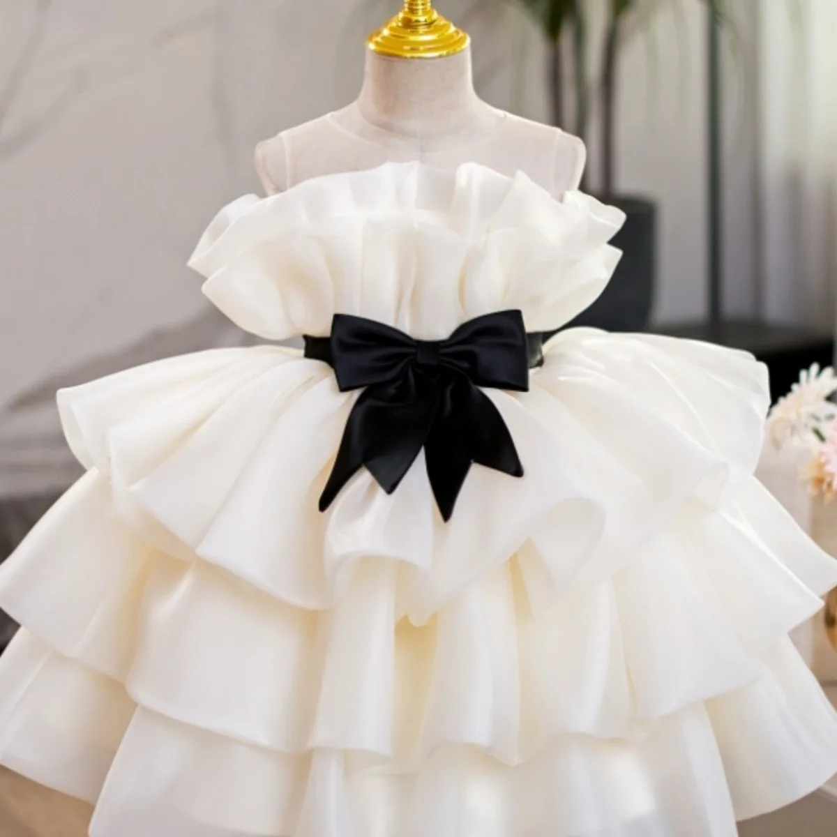 Flower Girls Wedding Short Sleeve Little Girl Dress Girls Round Neck Wedding Dress Children's Birthday Princess Dress