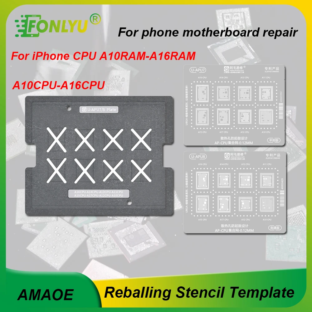 

AMAOE Universal RAM CPU Reballing Stencil Template Station for iPhone A10-A16 CPU RAM IC Chip Rework Motherboard Repair Tools