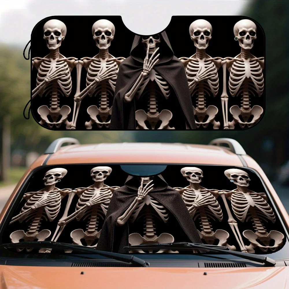 1pc Skeletal Gothic Art Car Sunshade - Windshield Cover With Eerie Skeleton Print, UV Protection & Heat Reduction, Fit For Cars,