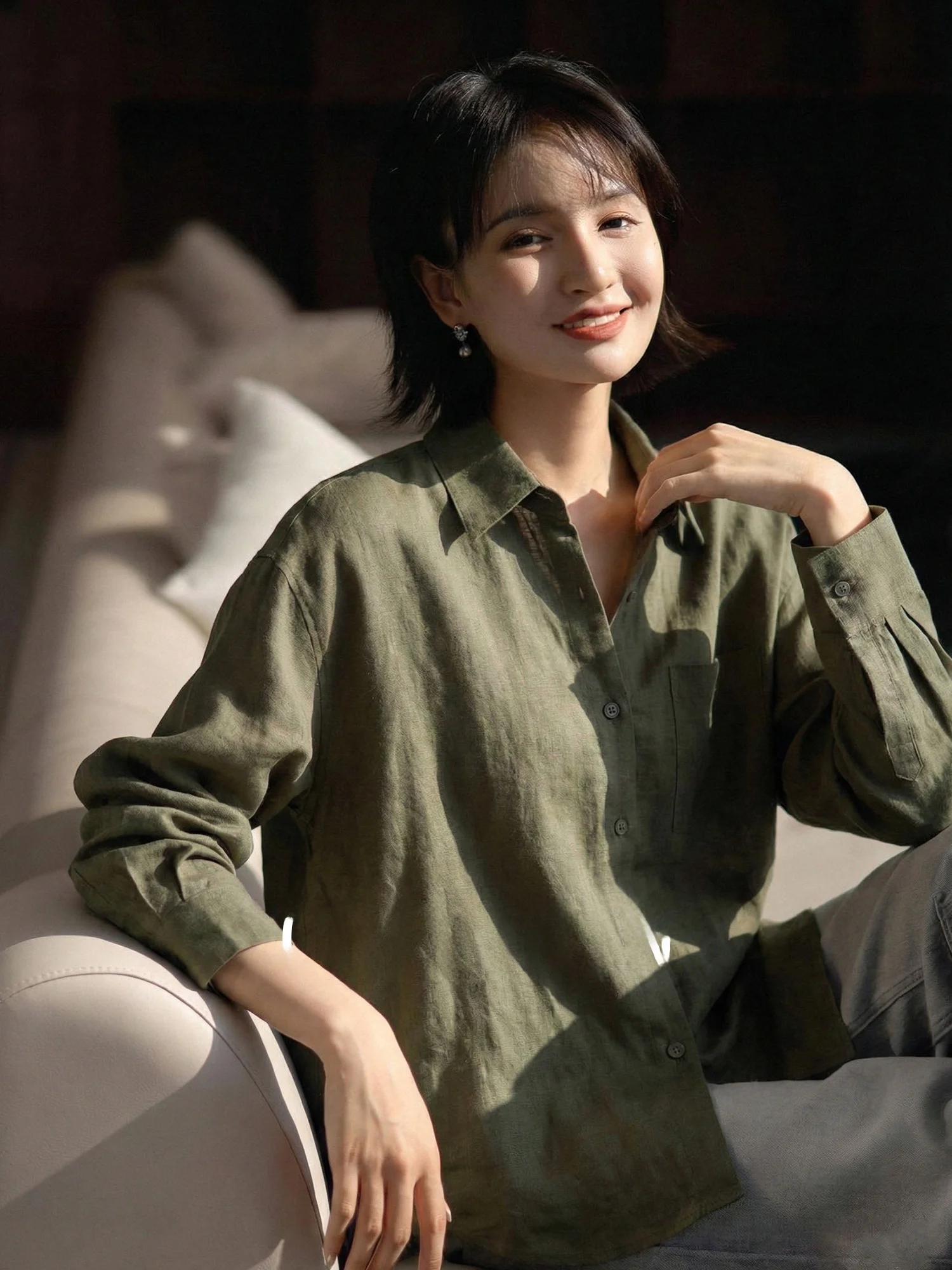 

Elegant Lazy Style Long Sleeve Linen Shirt Green Slim Fit Women's Fashion Spring Shirt Chivirin Brand Collar Button up