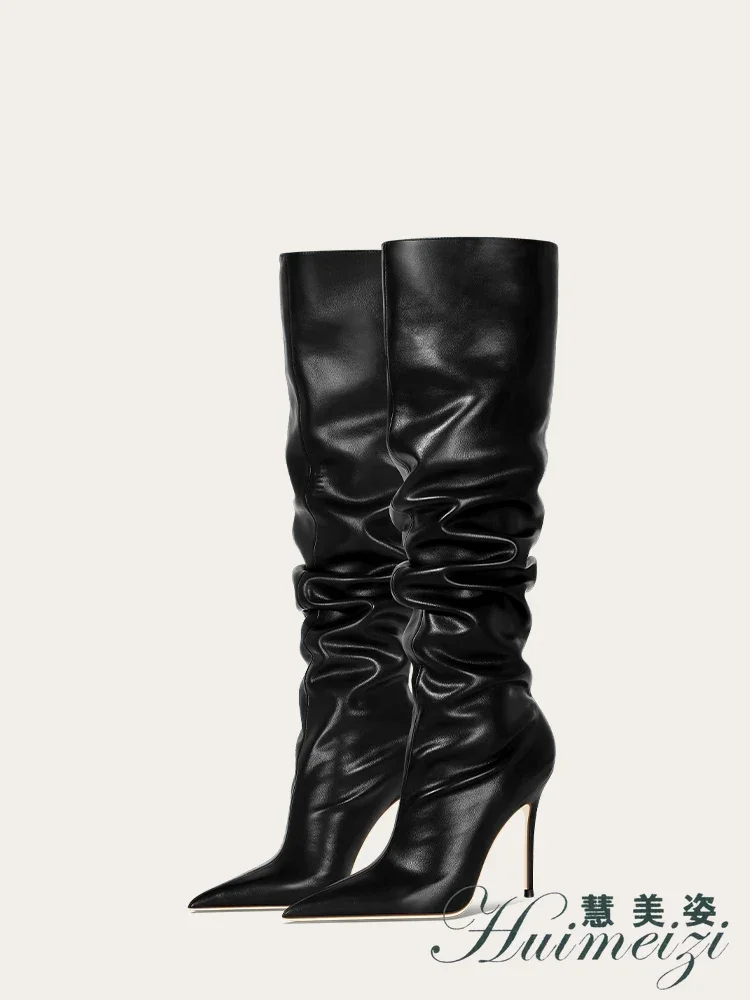 HMZ 2027 Women Knee High Boots Pointed Toe Matte Black Leather Stacked Fold Chunky Heel Boots