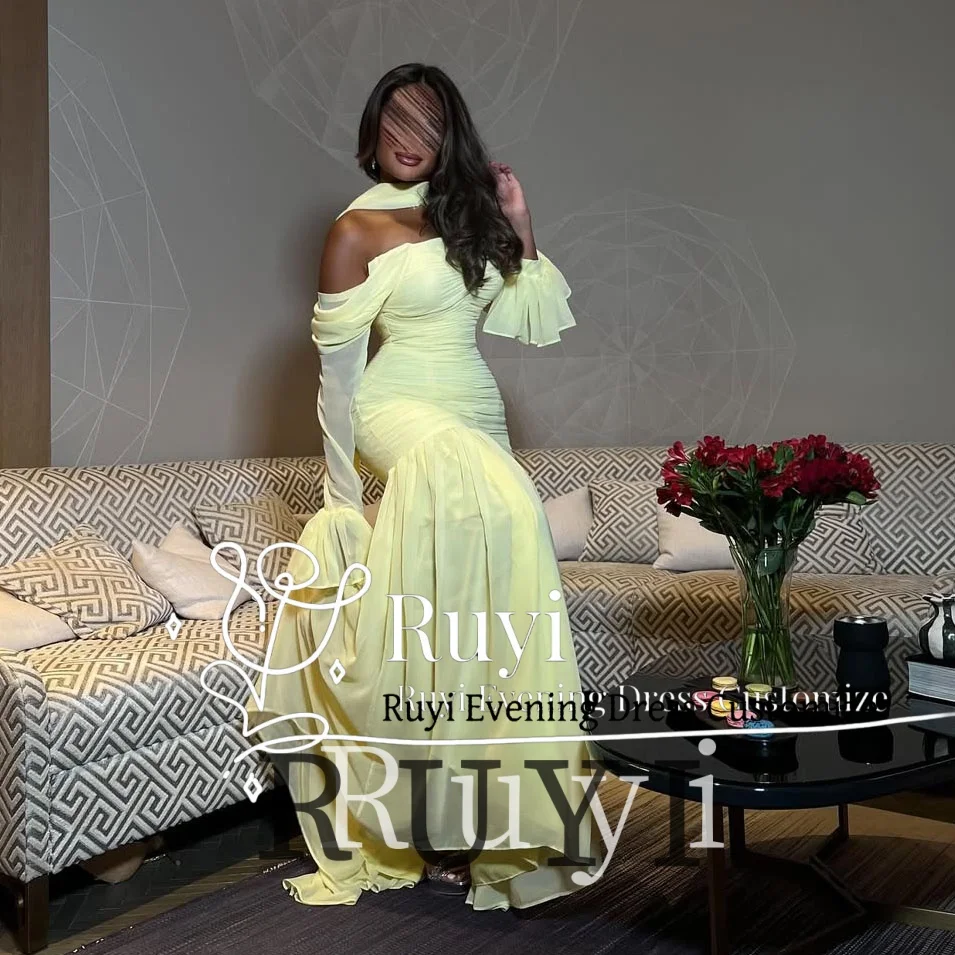 

Customized Yellow Long Sleeves Off Shoulder Evening Dresses Scarf 2025 Elegant Party Gown Wedding Prom Dress