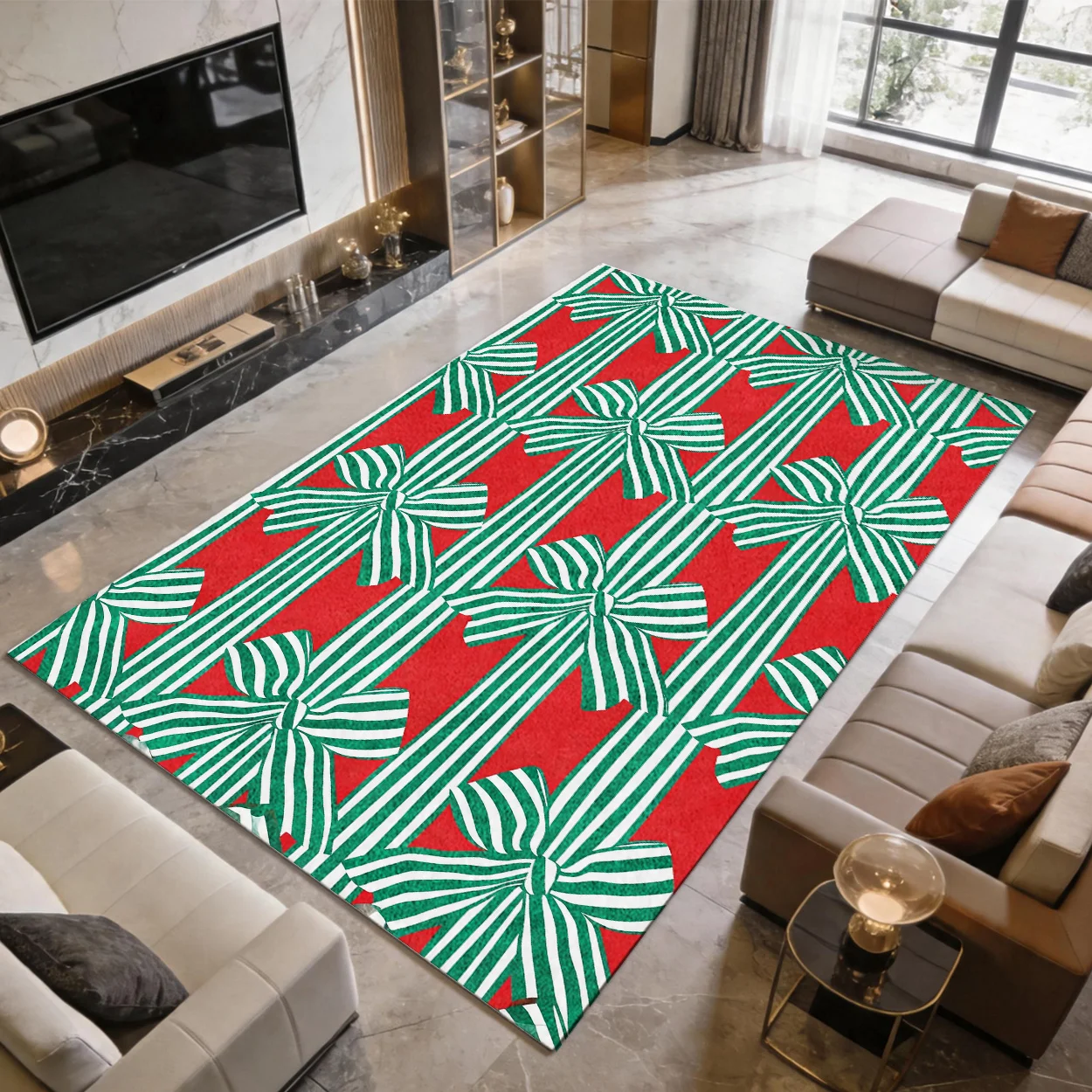1pc 2D Flat Rectangular Area Rug, Red & Green Striped Bow Pattern, Festive Style, Washable Large Rug for Bedroom, Living Room