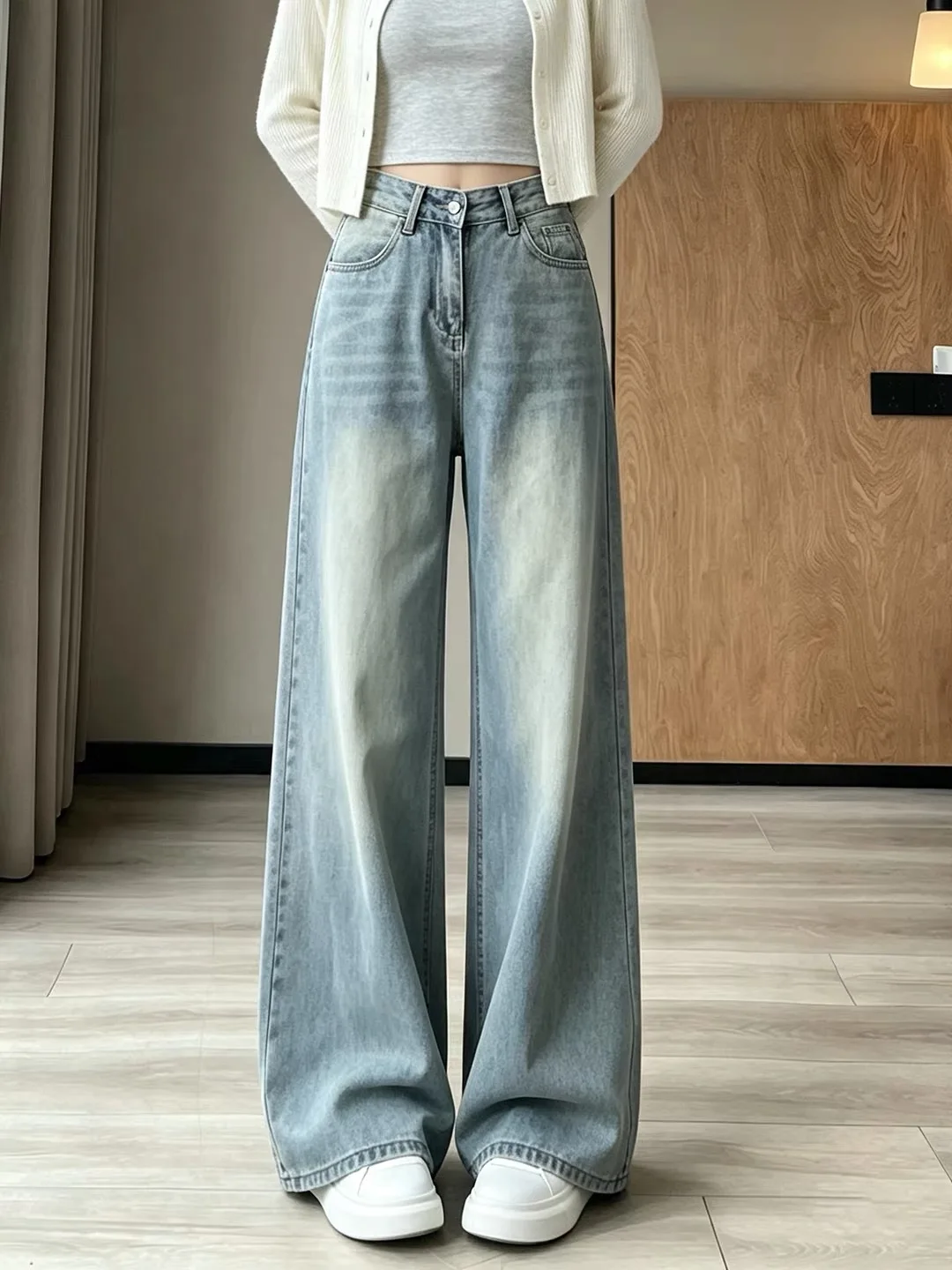 Light Blue Wide Leg Denim Jeans Women's Pear Shape Loose Slimming Lazy Drape Student Autumn New Floor-Length Pants