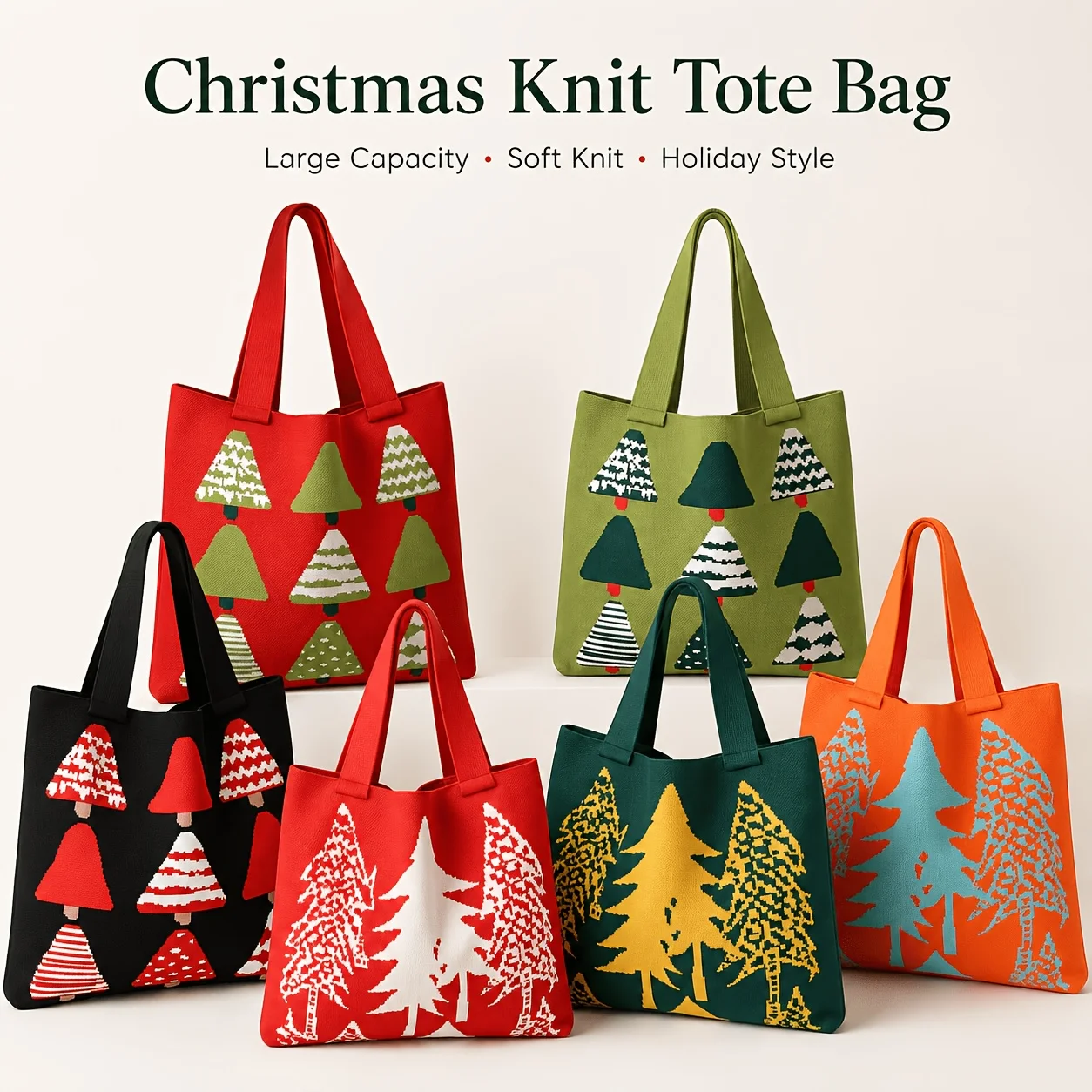 Knitted tote bag, a stylish and spacious shopping bag. Features a Christmas tree print and is available in multiple colors. It’s