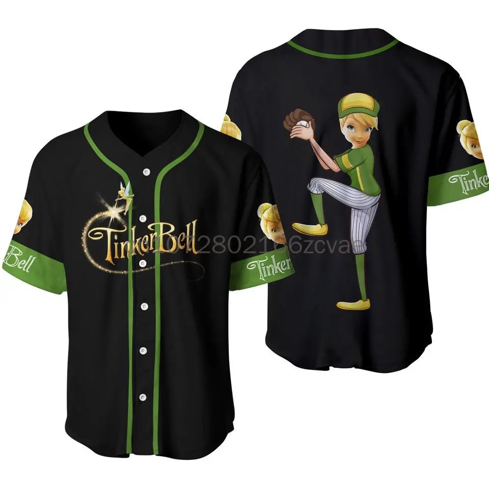 New Disney Tinker Bell Baseball Jersey Men\'s Women\'s Kids Short Sleeve Button Baseball Shirt Casual Sports Shirt