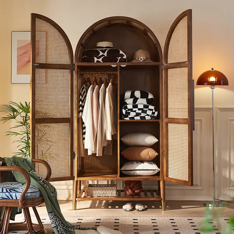 Wabi-**** wind rattan art creative wardrobe modern simple solid wood cabinet bed and breakfast bedroom multi-functional wardrobe