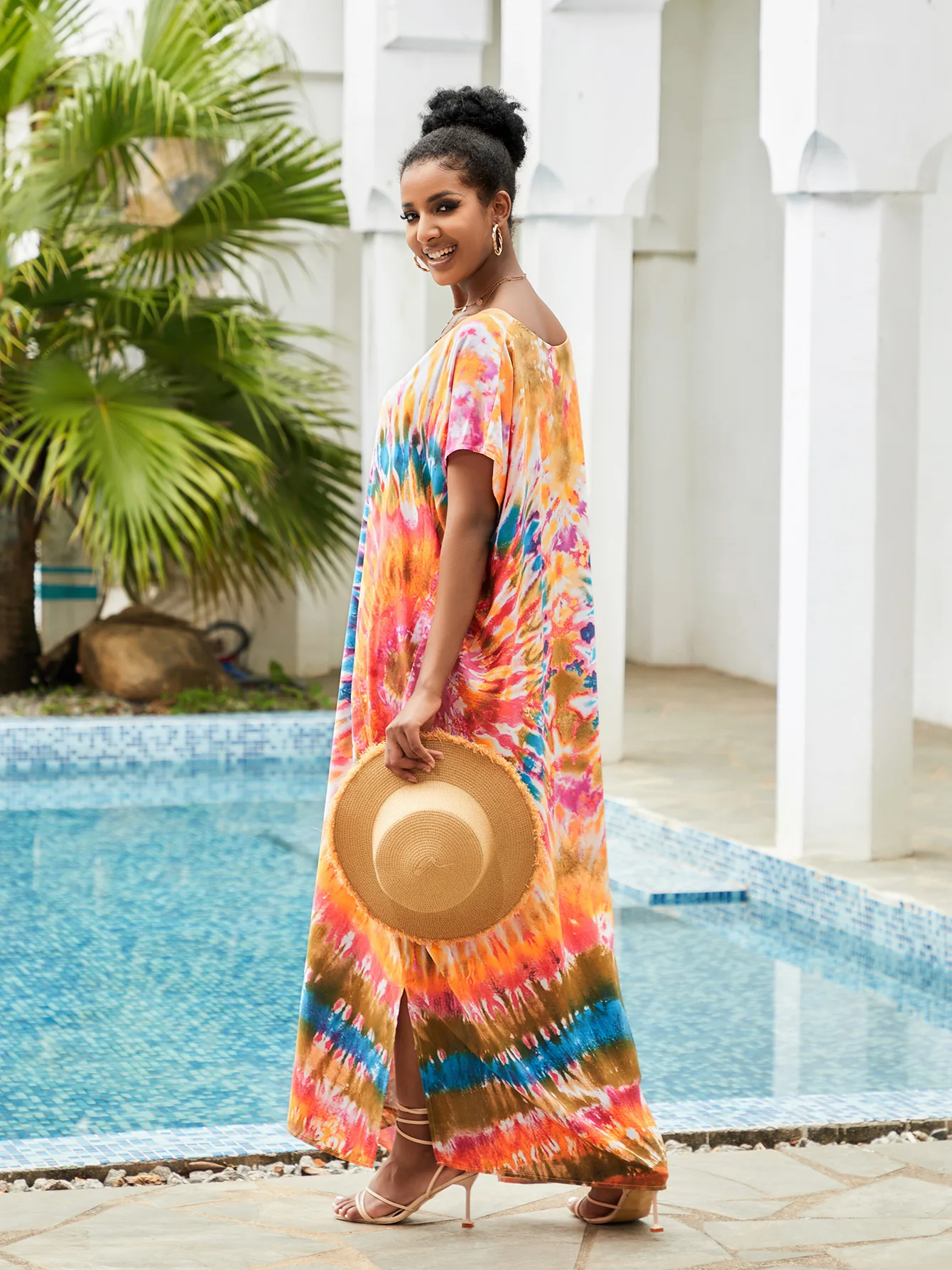 Multicolored Kaftan Bohemian Printed Bikini Cover Up V-neck Batwing Short Sleeve Maxi Dress Women Beachwear Beach Dress Robe