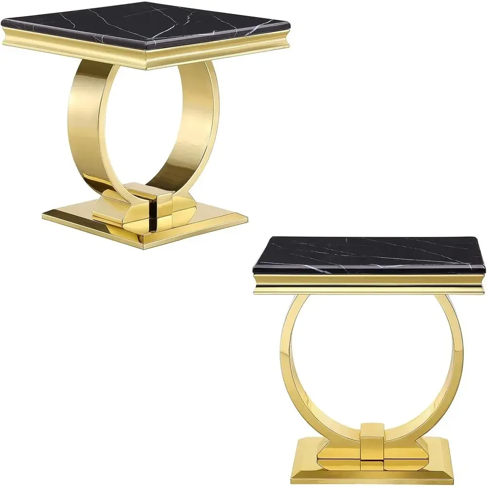 

Set of 2 Modern Black Square Side Tables with Gold Metal Base for Living Room, Bedroom, or Office