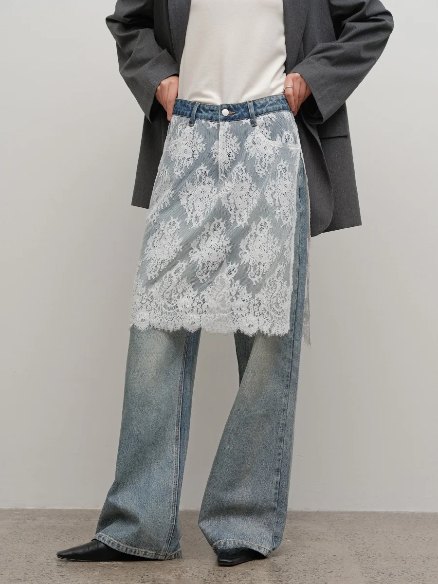 

Джинсы JANEON с кружевом в стиле пэчворк, хлопковые повседневные широкие брюки, потертые брюки, весна-осень-зима, сезонное использование для взрослых женщин