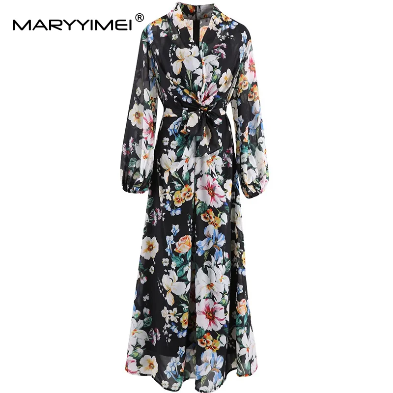 MARYYIMEI Women's Elegant Party Prom Dress Autumn V-Neck Long-Sleeved Floral-Print Lace-Up Slim Fashion Dresses