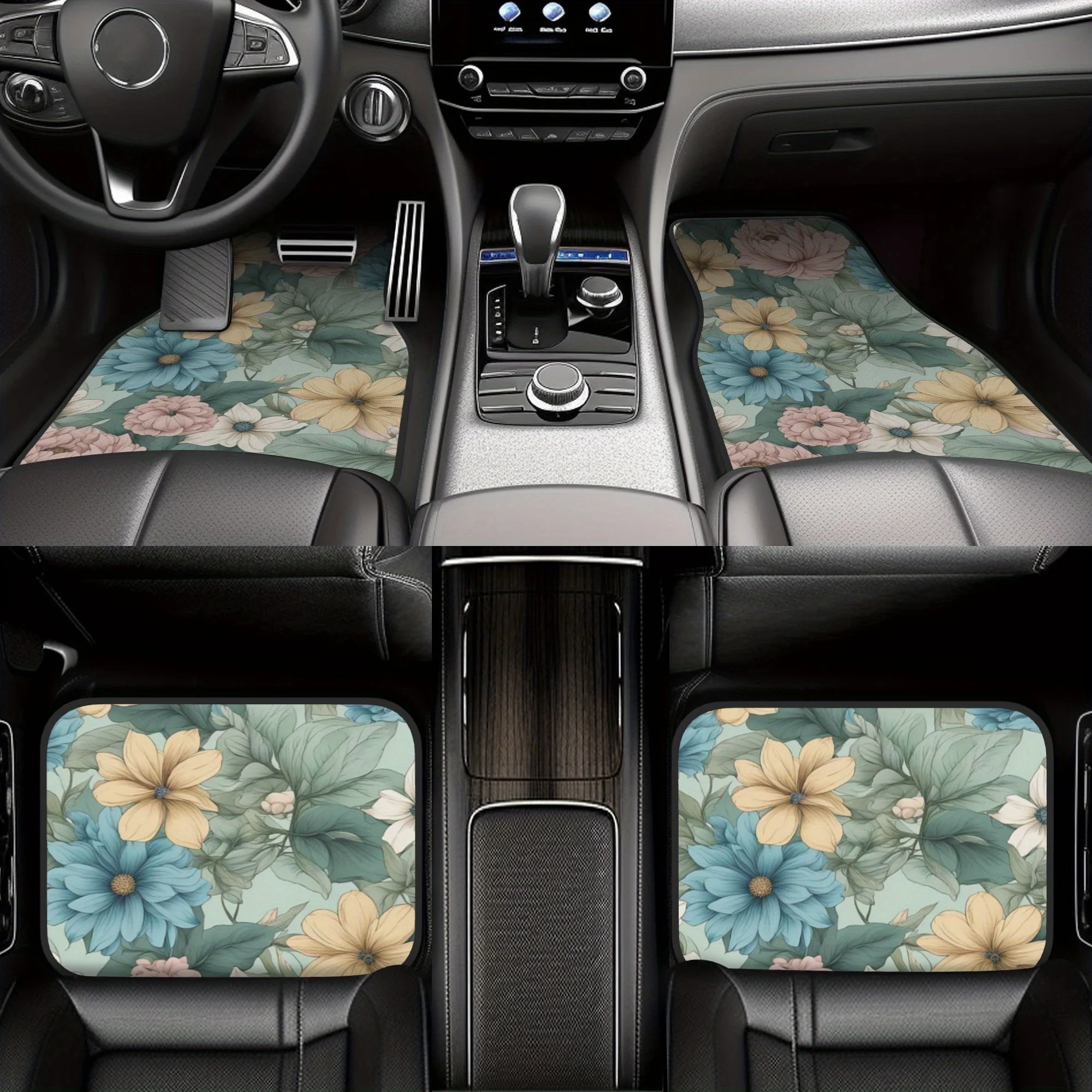 4pcs Floral Pattern Car Floor Mats - Pink, Blue, Yellow & White Flowers On Green Background, Non-Slip Polyester Liner, Easy To C