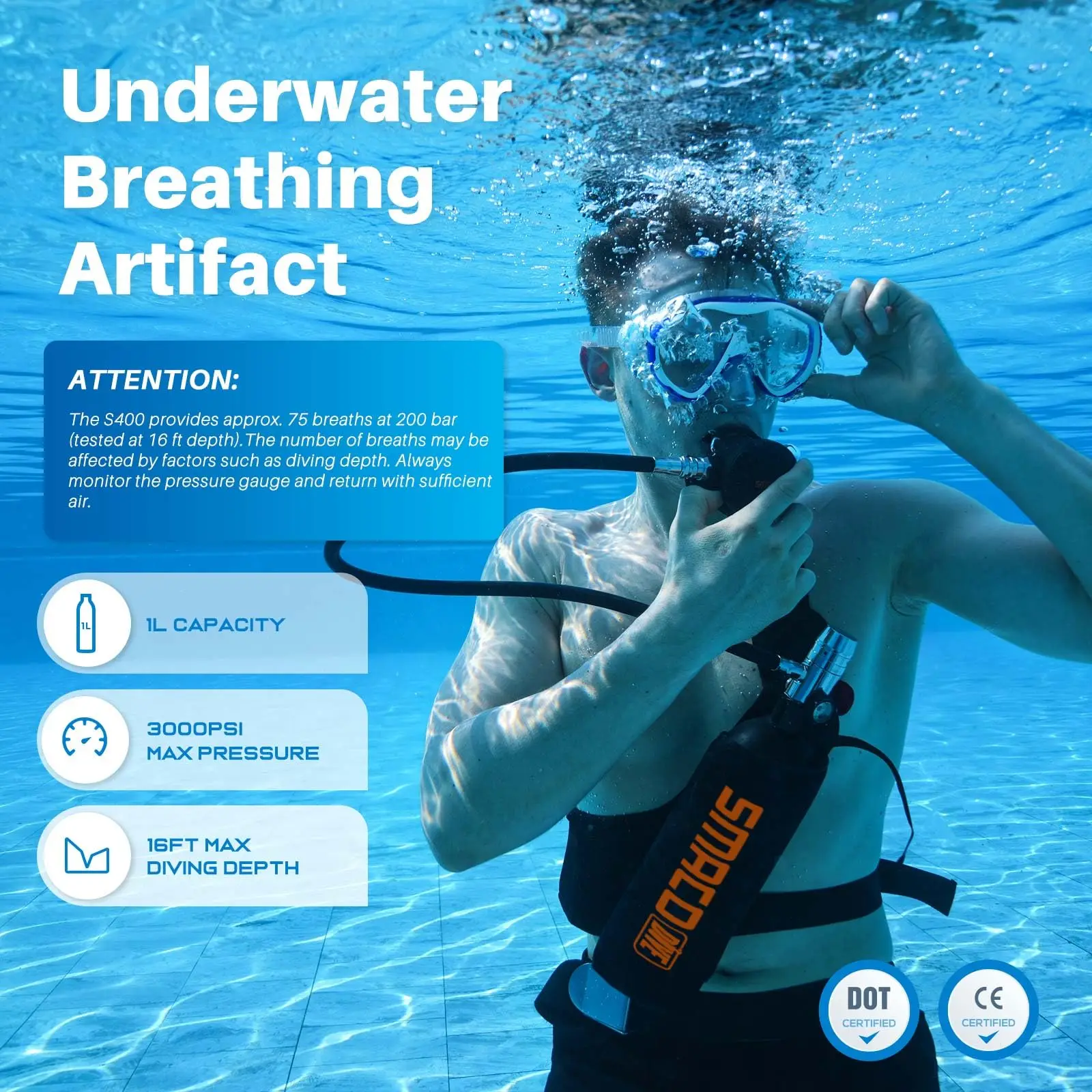 SMACO 1L Mini Scuba Tank 1L Portable Diving Lung Air Tank Reusable Diving Pool Training Boat Cleaning Beach Vacation Travel S400