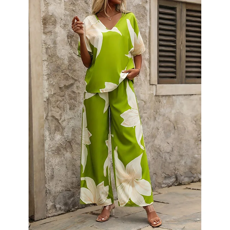 

Casual Printed 2 Piece Set Spring New Commuting Suit Loose V-neck Short Sleeved Pullover Top Elastic Waist Wide Leg Pants Set